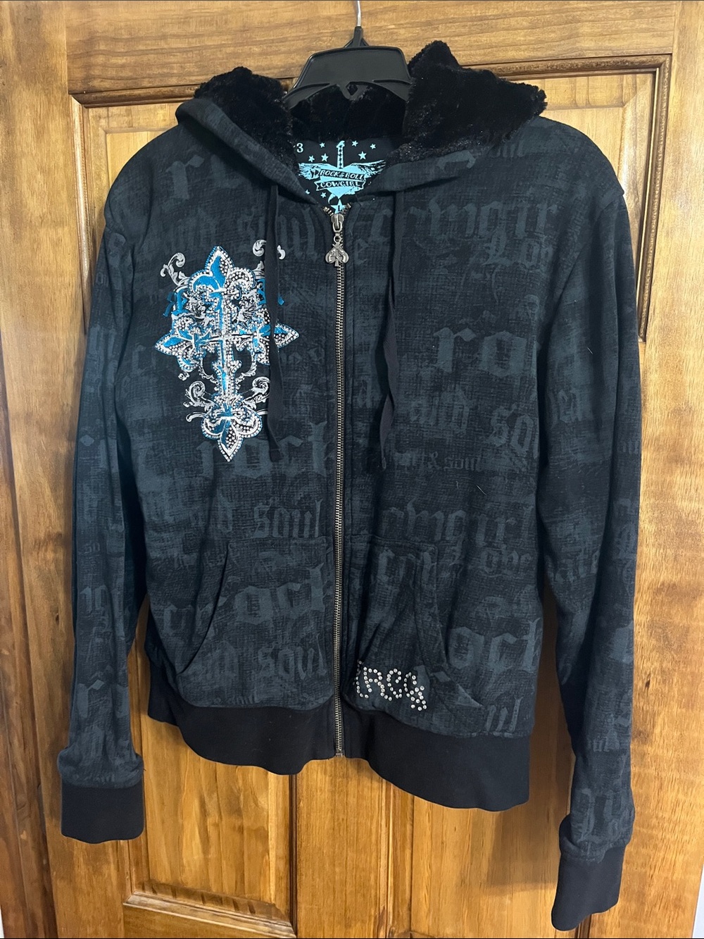 Rock & Roll Cowgirl Black Hooded Jacket with Blue Embellishment